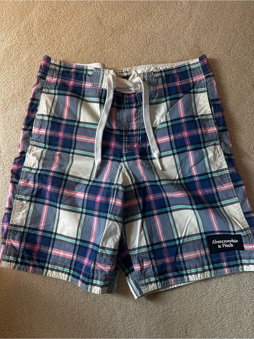 Abercrombie & Fitch Plaid Swim Trunks in Blue, Pink & Cream